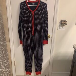 L.L. Bean Navy and Red Printed Women's One-Piece Pajama Romper